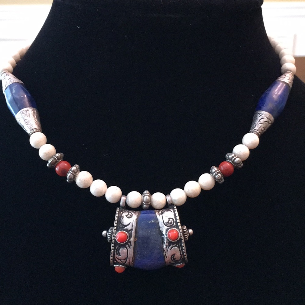Bone, Lapis, and coral beads Magnetic clasp.